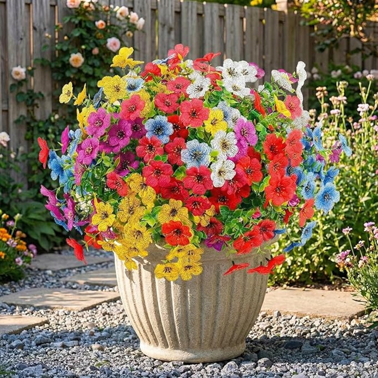 Artificial Flowers Outdoors Spring Faux Flowers UV Resistant Fake Flowers Daisy Plastic Greenery Plnats Outside Bulk for Garden Hanging Planter Patio Porch Home Decor, 12 Bundles (Multicolor)